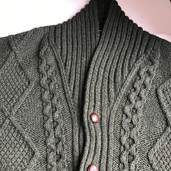 Men’s Heritage Aran Shawl Collar Button Cardigan olive green made Ireland 🇮🇪 - Picture 9 of 14